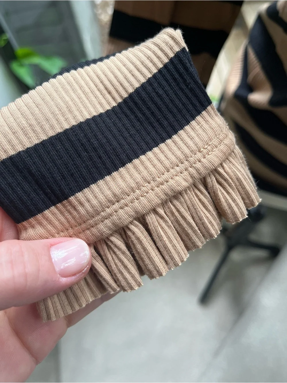 J. Crew Black & Tan Striped Ruffle Mock Neck Long-Sleeve Top